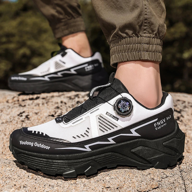 Herren Outdoor Wanderschuhe mit Drehverschluss, atmungsaktive Mesh Trekking Schuhe, rutschfest, Trail Schuhe, Bergsteigen