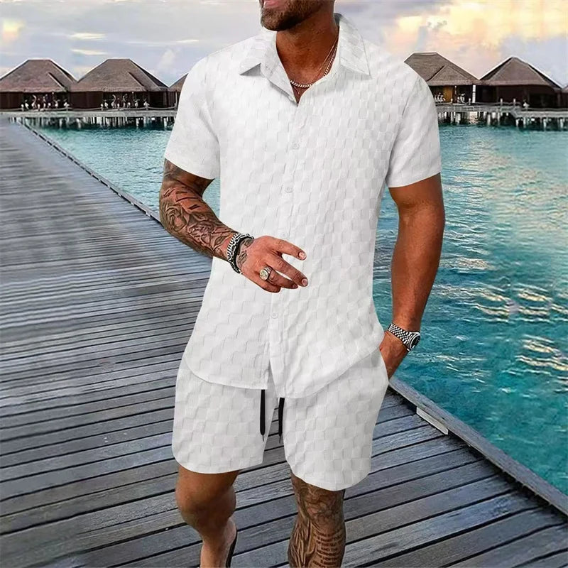 Herren Freizeit Set Hellblau Kurzarmhemd Shorts Strukturmuster Sommer Zweiteiler Knopfleiste Casual