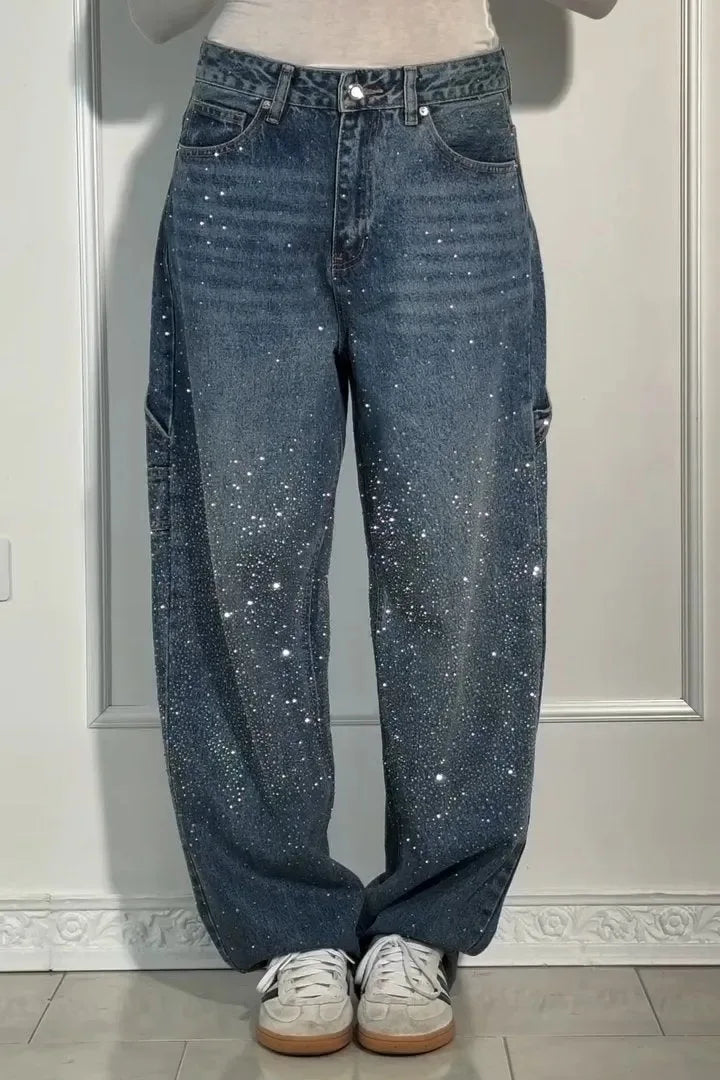Damen Wide-Leg-Jeans High Waist mit Sternen und Hot-Diamond-Details Modische Casual Jeans