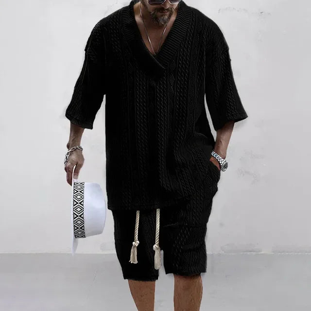 Herren Strick Zweiteiler Weiß V-Ausschnitt Kurzarm Shirt mit Shorts Strukturmuster Freizeit Sommer Set