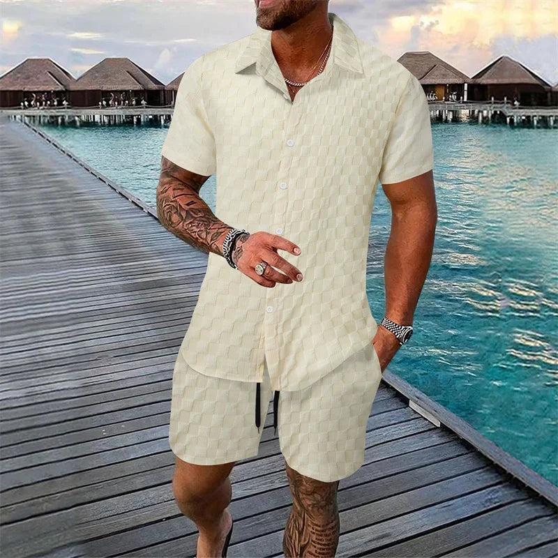 Herren Freizeit Set Hellblau Kurzarmhemd Shorts Strukturmuster Sommer Zweiteiler Knopfleiste Casual