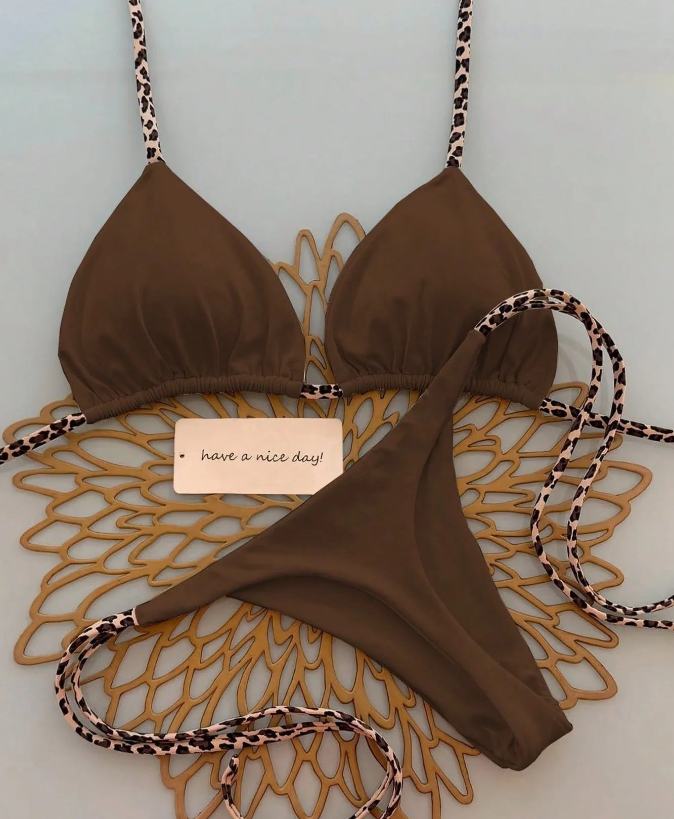 Damen Bikini-Set Leopardenmuster Tanga Bademode Strand Badeanzug