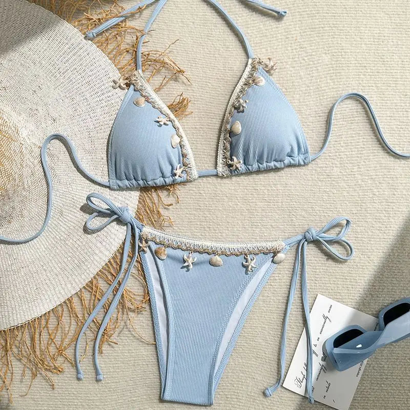 Damen Triangel Bikini Neckholder Muschel Seestern Zweiteilige Strand Bademode
