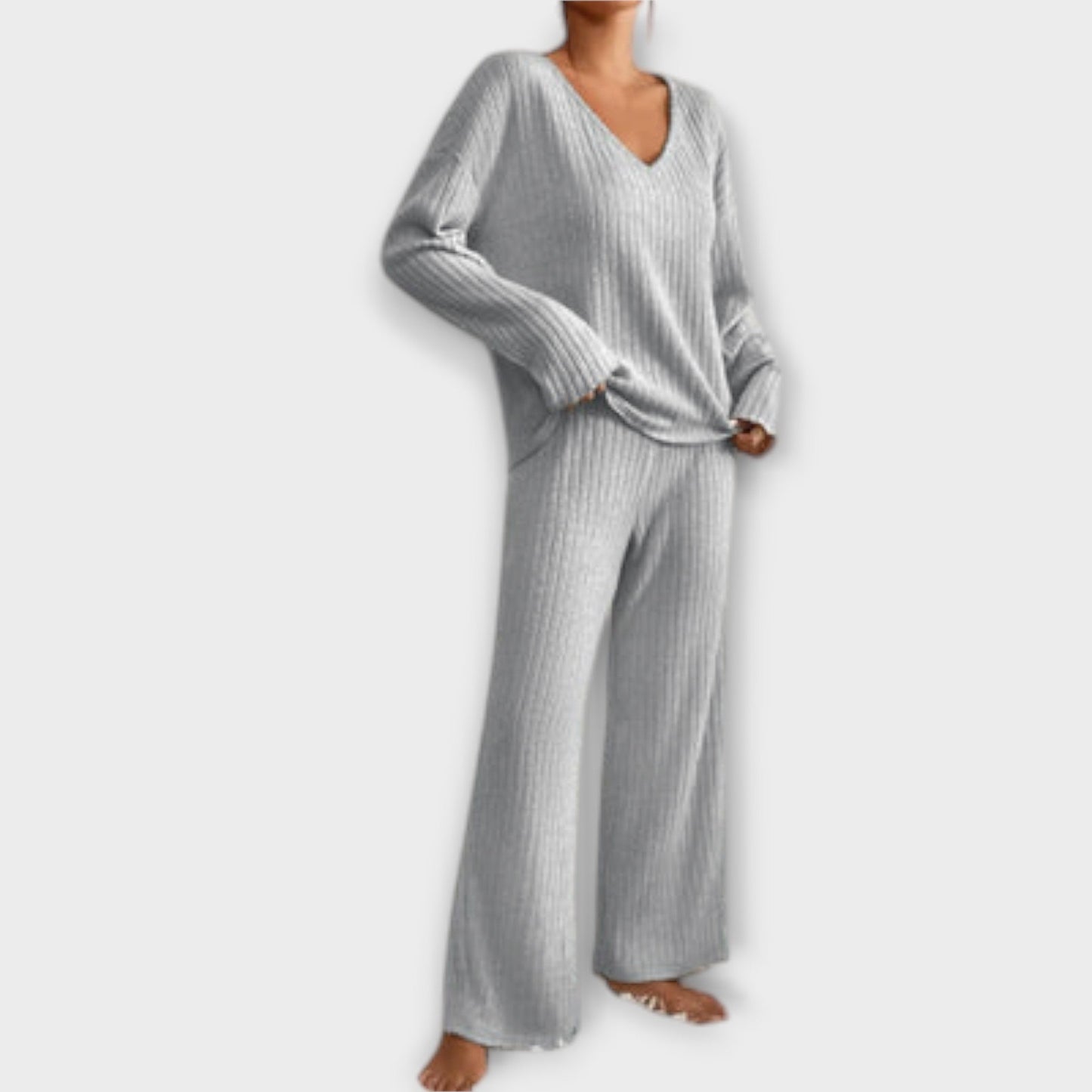 Damen Zweiteiler Regular Fit Geripptes Oberteil mit V-Ausschnitt Hose Elastischer Bund Casual Lounge Set 2-teilig
