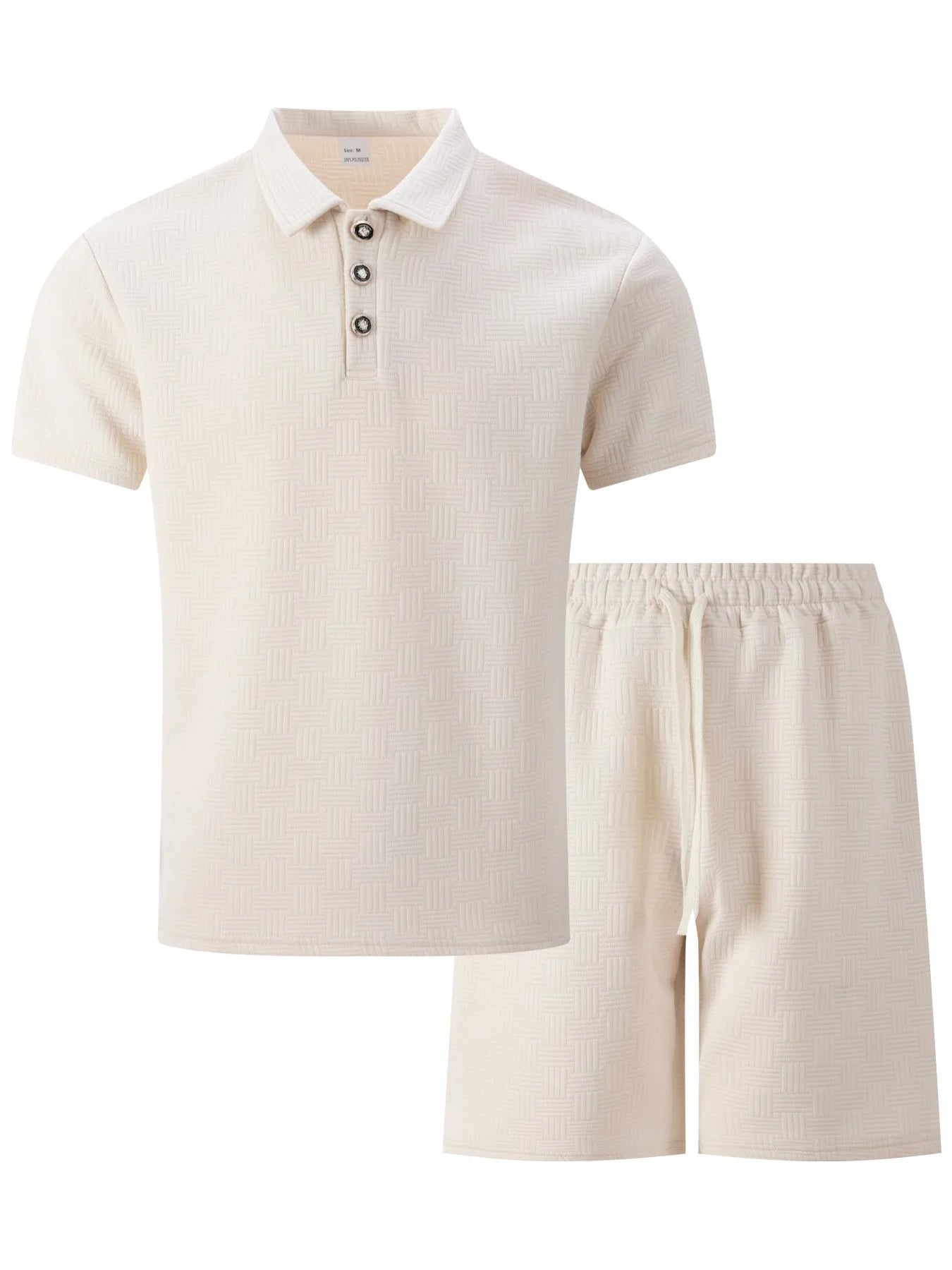 Herren Kurzarm Polo-Set Creme mit Shorts Strukturmuster Freizeit Zweiteiler Sommer Outfit