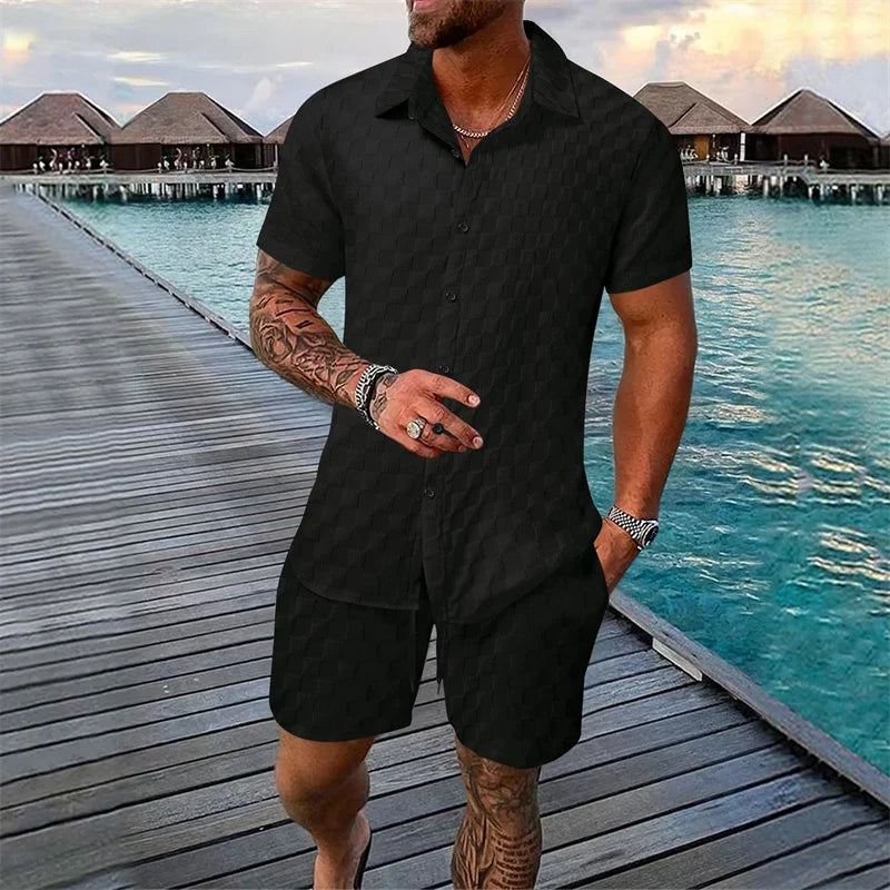 Herren Freizeit Set Hellblau Kurzarmhemd Shorts Strukturmuster Sommer Zweiteiler Knopfleiste Casual