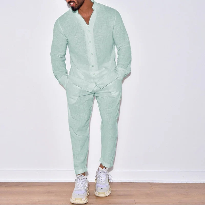 Herren Freizeitanzug Weiß Zweiteiler Langarm Hemd Hose Locker Geschnitten Casual Sommer Outfit