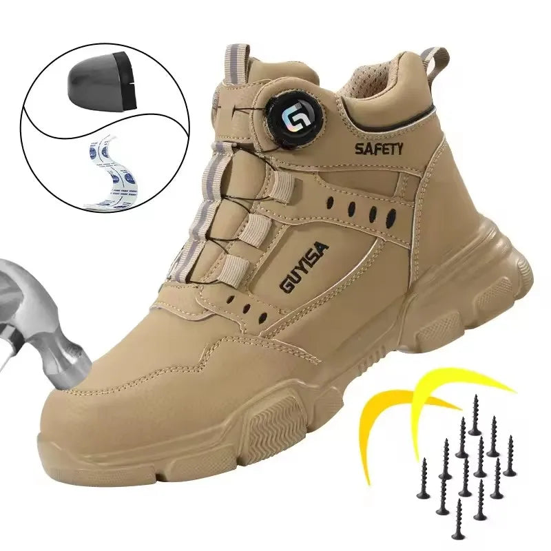 Sicherheitsstiefel Beige mit Drehverschluss, rutschfeste Arbeitsschuhe mit Zehenschutz und durchtrittshemmender Sohle