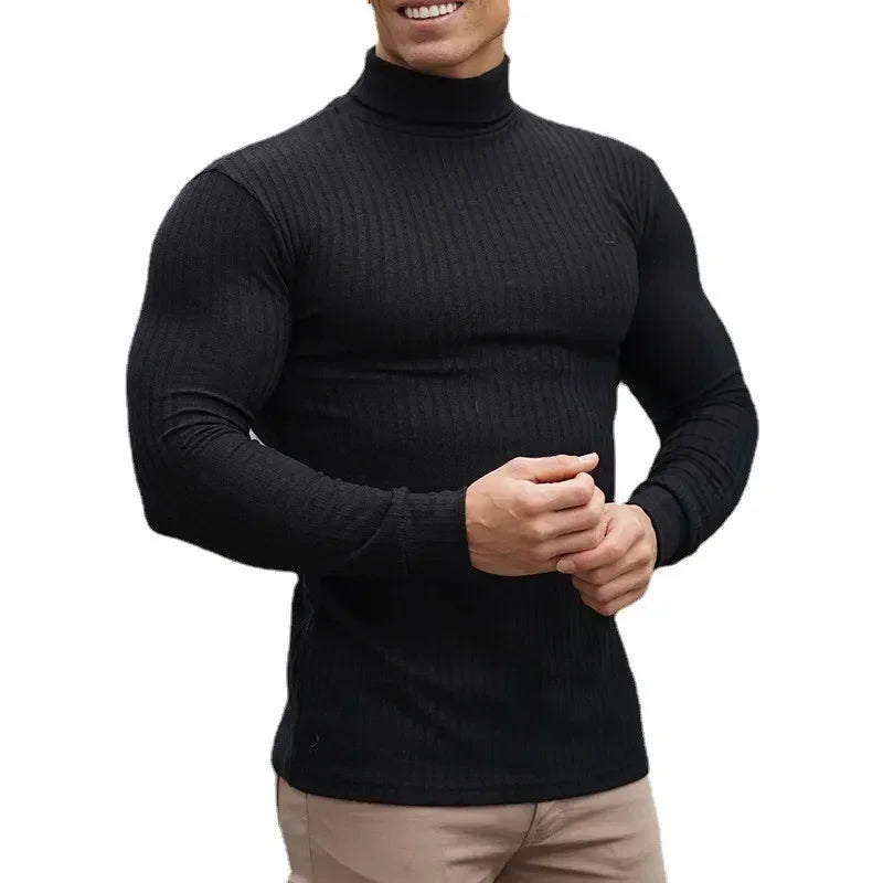 Herren Rollkragen Shirt Slim Fit Langarm Strickshirt Atmungsaktiv Schnelltrocknend für Gym Fitness Bodybuilding