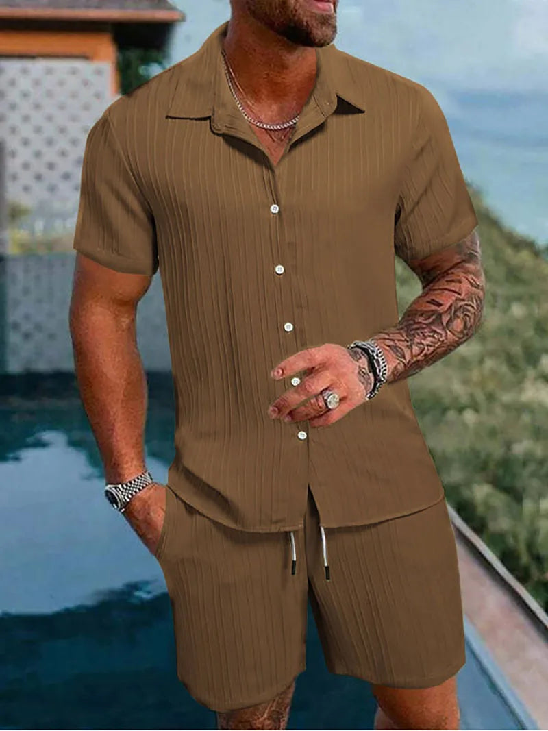 Herren Kurzarm Hemd Set Grün mit Shorts Strukturmuster Freizeit Zweiteiler Sommer Outfit