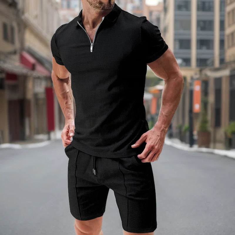 Herren Polo Set Creme mit Shorts Kurzarm Reißverschluss Strukturmuster Freizeit Zweiteiler Sommer