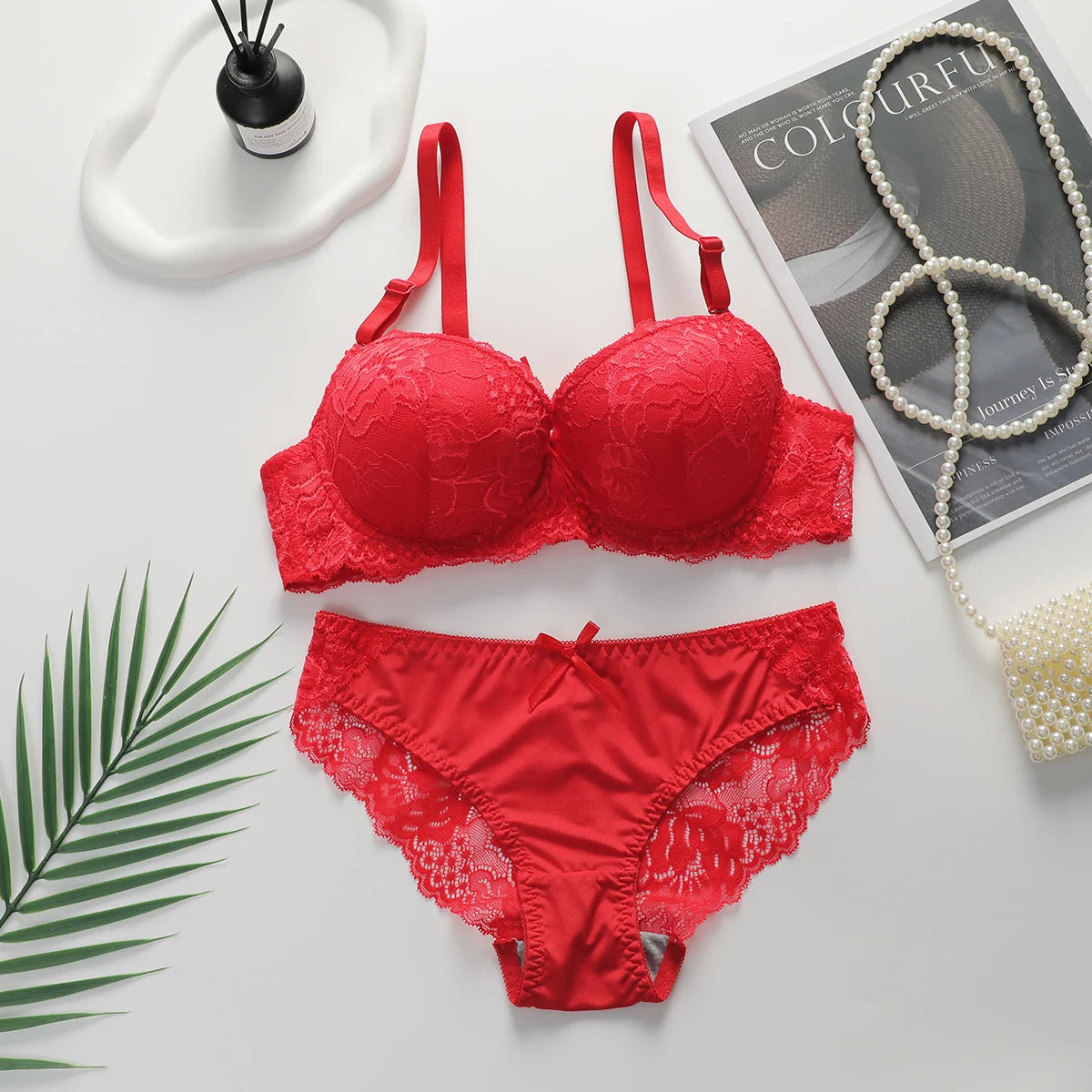 Damen Dessous Set Rot Spitzen BH Slip Set mit Bügel verstellbaren Trägern und Push-up Form