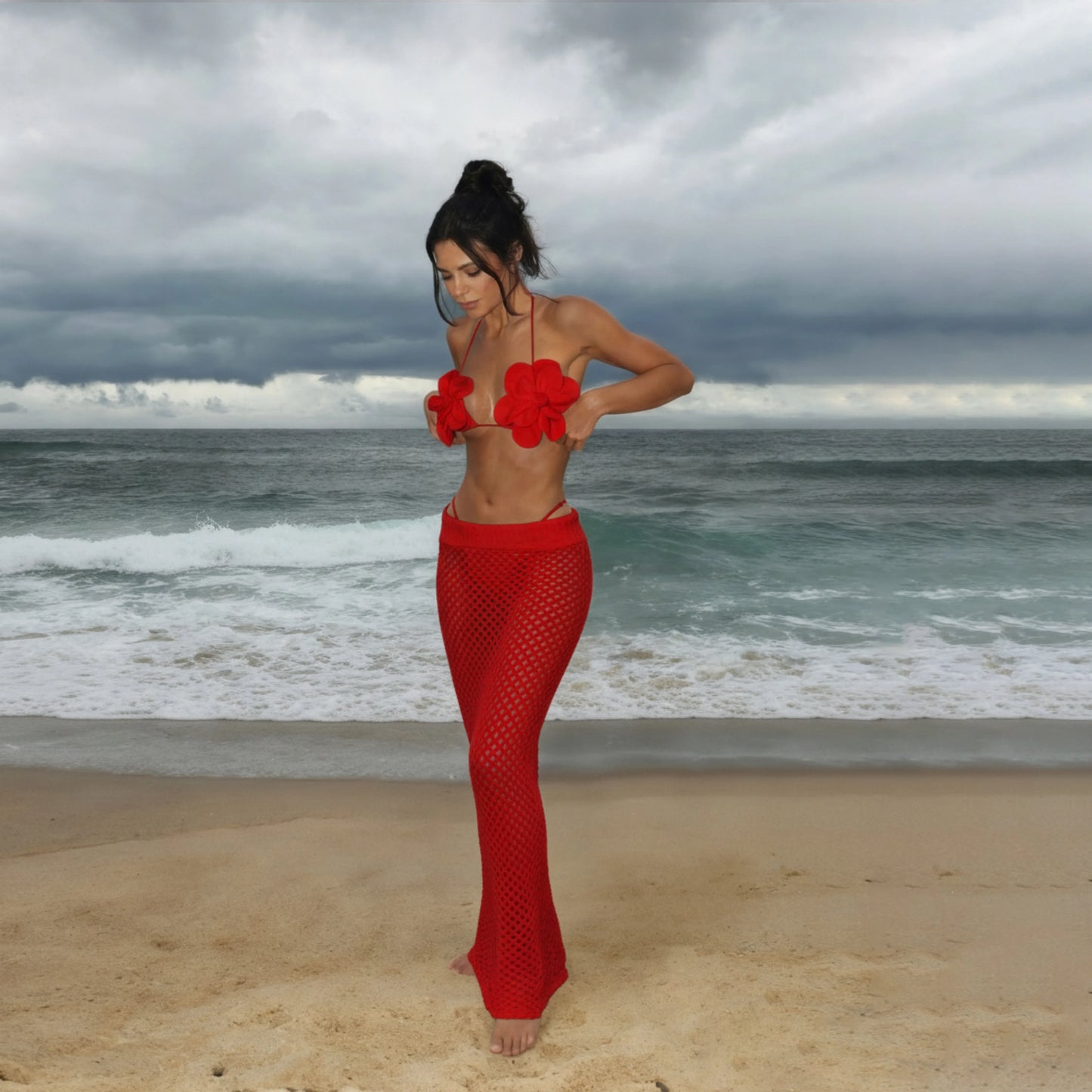 Damen 3-teiliges Bikini Set mit A-Linien Rock Bandage Brasilianische Bademode