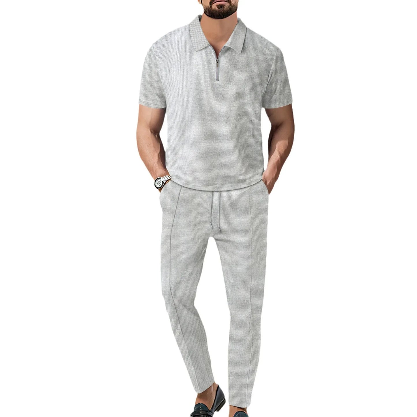 Herren Polo Set Creme mit Shorts Kurzarm Reißverschluss Strukturmuster Freizeit Zweiteiler Sommer