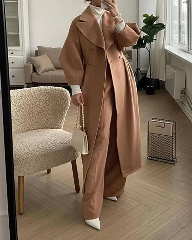 Damen mantel aus Wollmix, langer eleganter Mantel mit Reverskragen, Doppelknopfleiste und tailliertem Schnitt