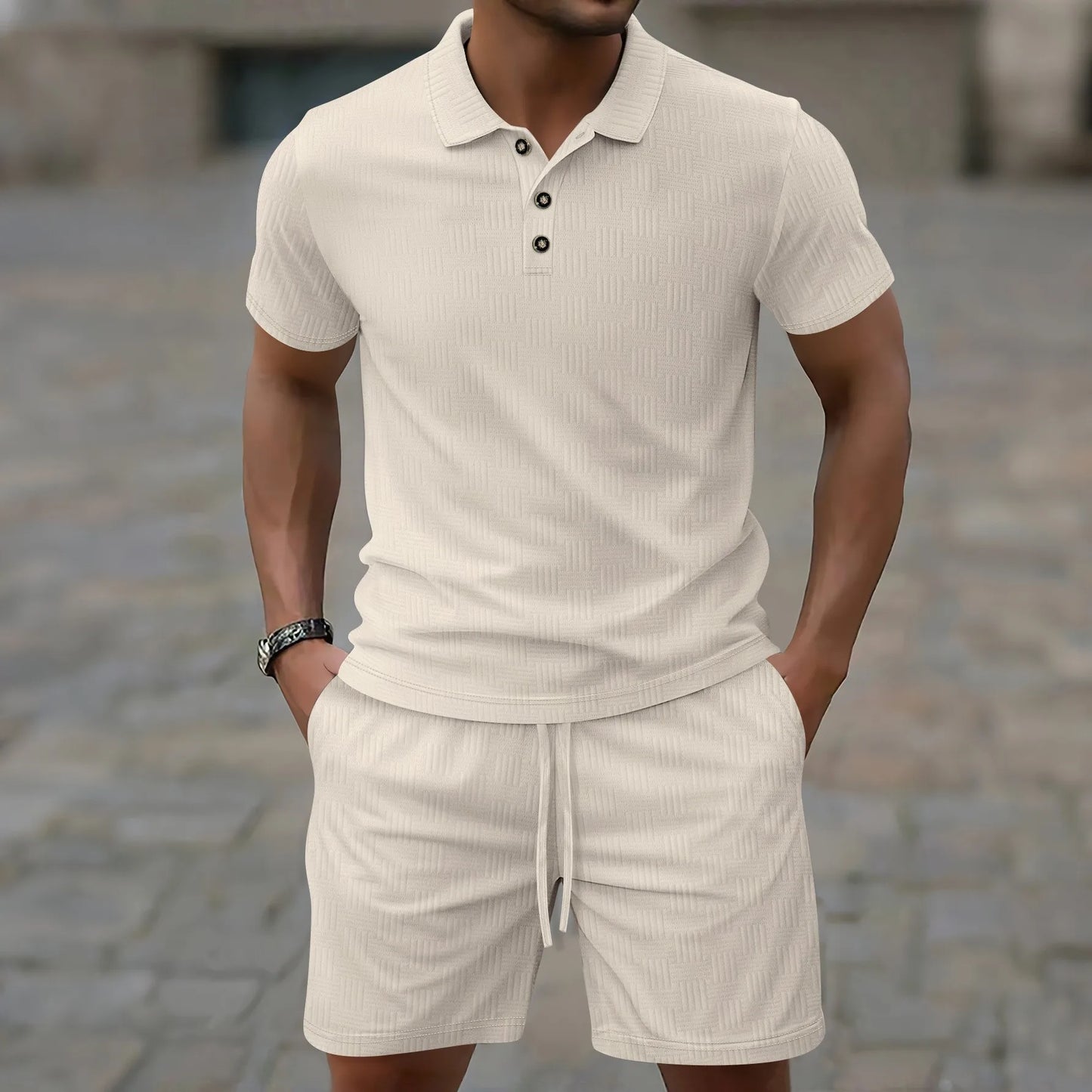 Herren Kurzarm Polo-Set Creme mit Shorts Strukturmuster Freizeit Zweiteiler Sommer Outfit