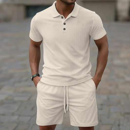 Herren Kurzarm Polo-Set Creme mit Shorts Strukturmuster Freizeit Zweiteiler Sommer Outfit