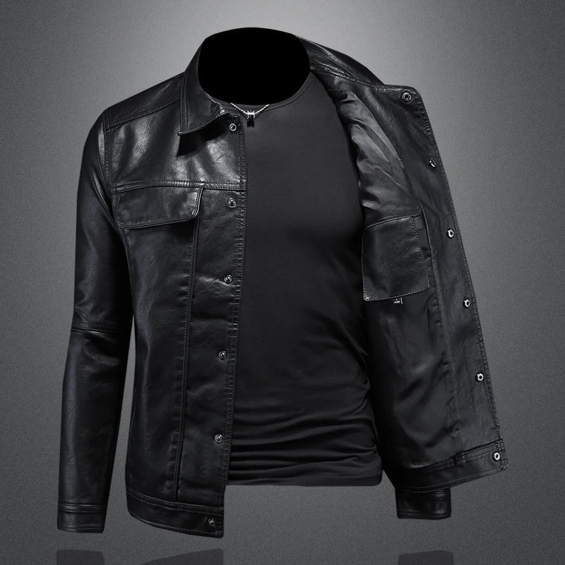 Herren Lederjacke Slim Fit Kunstleder Schlanke Passform Reverskragen Knopfleiste Brusttaschen Casual Urban Style