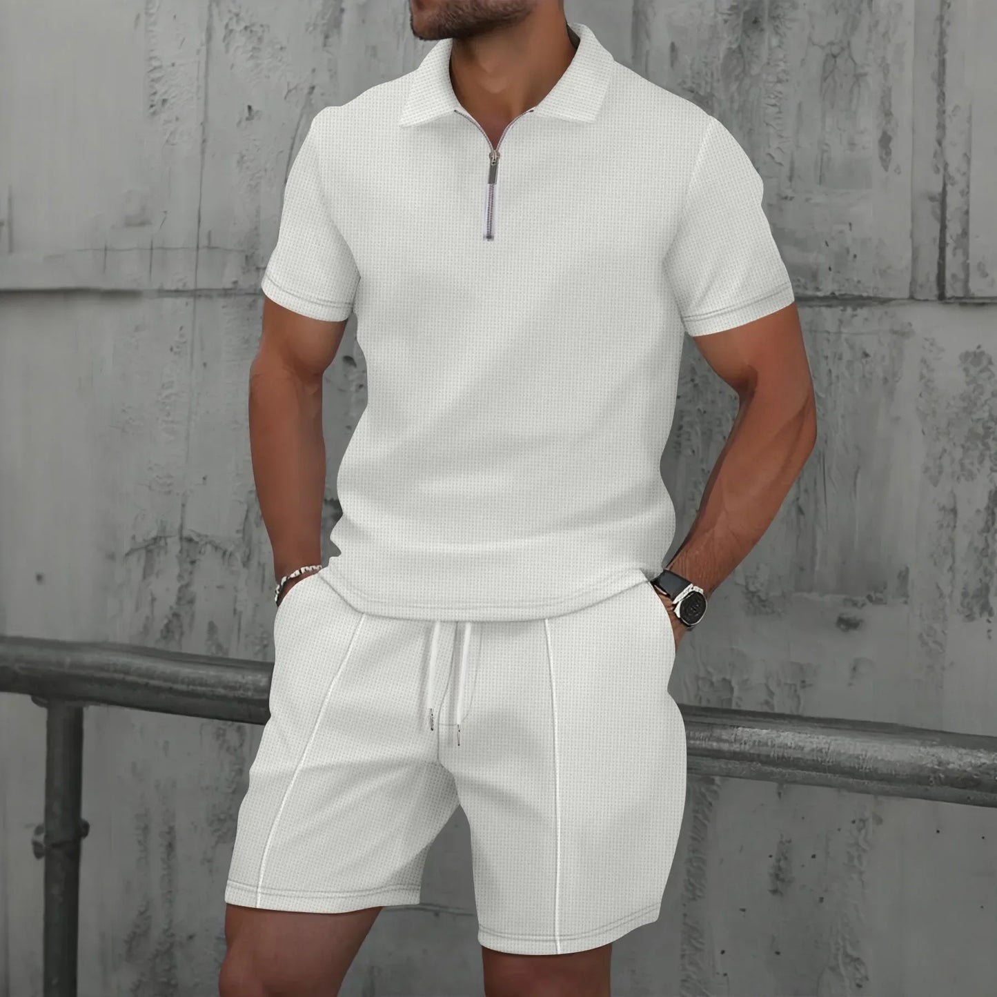 Herren Polo Set Creme mit Shorts Kurzarm Reißverschluss Strukturmuster Freizeit Zweiteiler Sommer