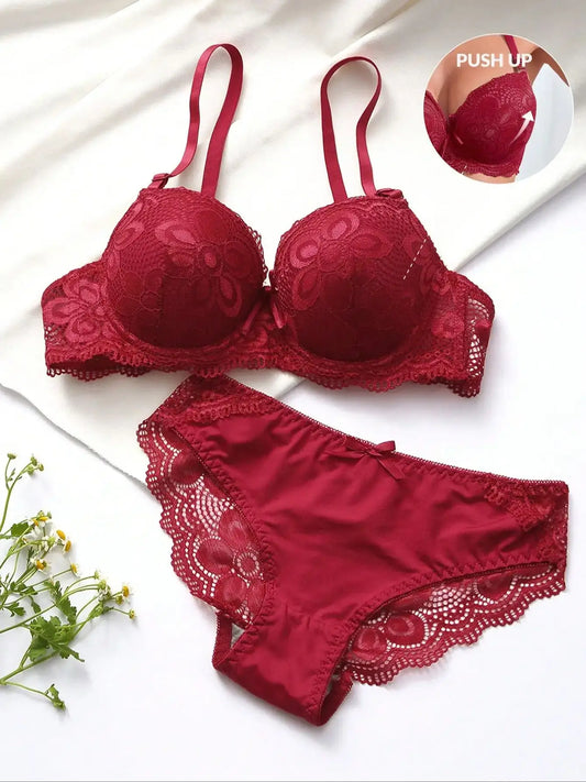 Damen Push-up Dessous Set Rot Spitzen BH mit Bügel und Slip
