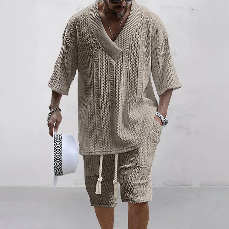 Herren Strick Zweiteiler Weiß V-Ausschnitt Kurzarm Shirt mit Shorts Strukturmuster Freizeit Sommer Set