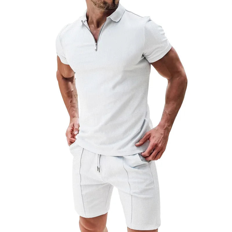 Herren Polo Set Creme mit Shorts Kurzarm Reißverschluss Strukturmuster Freizeit Zweiteiler Sommer