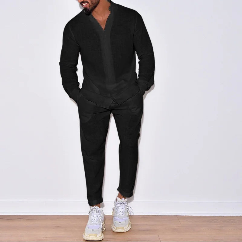 Herren Freizeitanzug Weiß Zweiteiler Langarm Hemd Hose Locker Geschnitten Casual Sommer Outfit