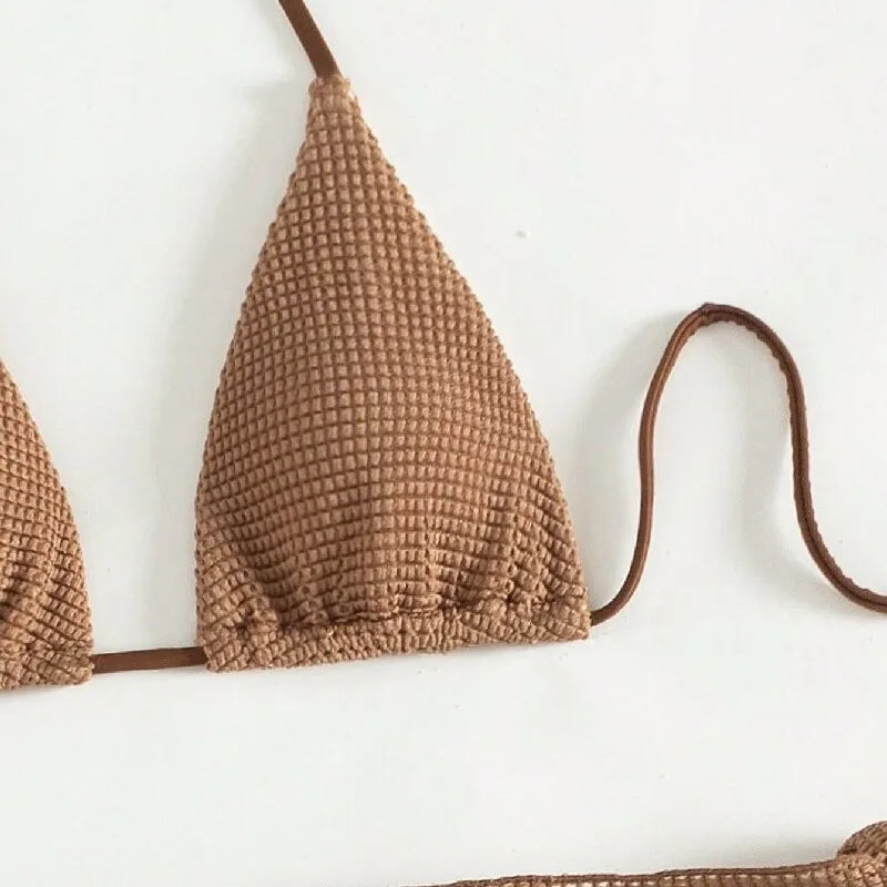 Damen Bikini-Set braun Halter Push-Up 3-teilig Tanga Bademode