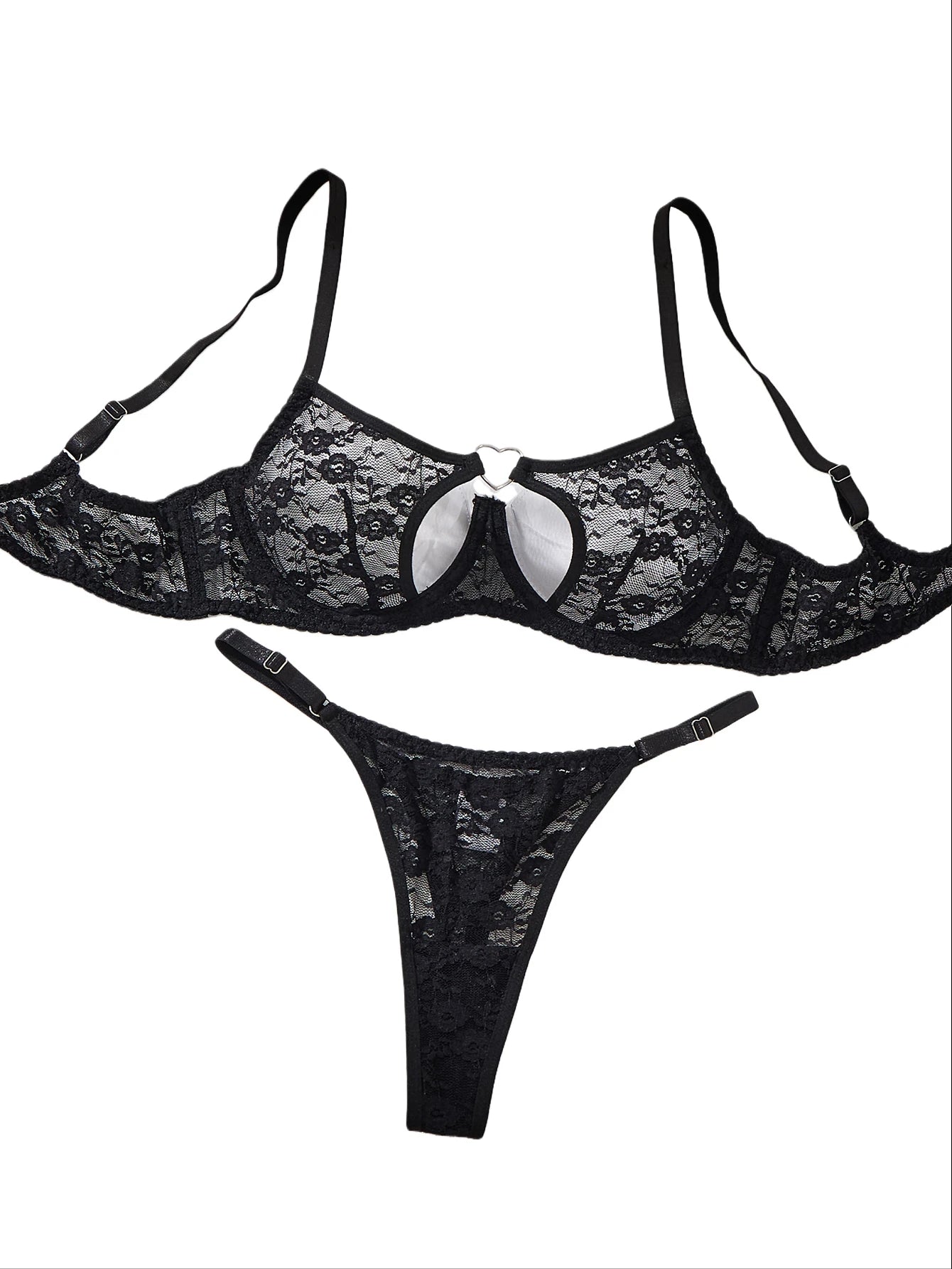 Damen Dessous Set Schwarz Spitzen BH Set mit String verstellbare Träger transparente Optik Bügel Design