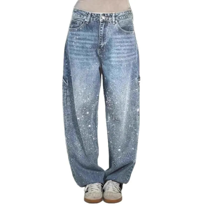 Damen Wide-Leg-Jeans High Waist mit Sternen und Hot-Diamond-Details Modische Casual Jeans