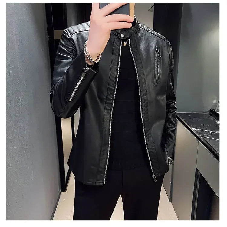 Herren Lederjacke Schwarz Slim Fit Elegant Klassisch Reißverschluss