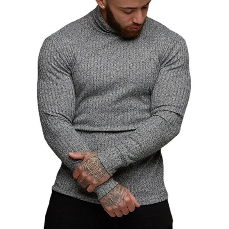 Herren Rollkragen Shirt Slim Fit Langarm Strickshirt Atmungsaktiv Schnelltrocknend für Gym Fitness Bodybuilding