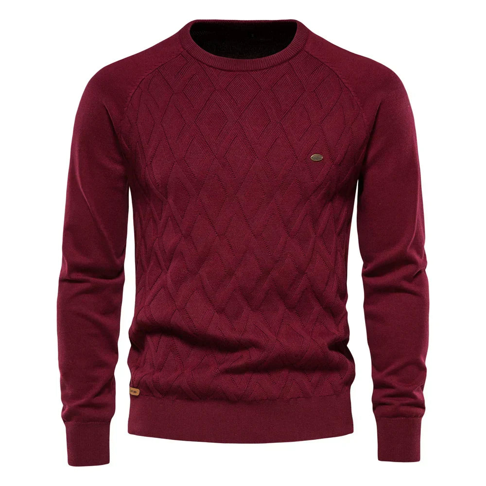 Herren Strickpullover Karo Rundhals Slim Fit elastisch bequem atmungsaktiv