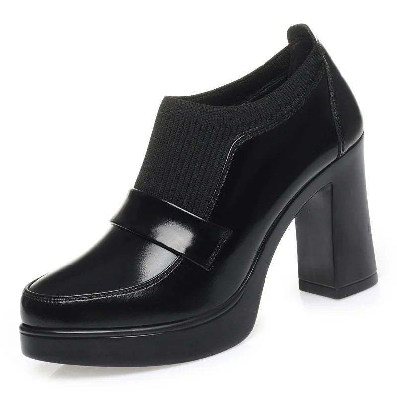 Damen Loafer Pumps Schwarz mit Plateausohle elastischem Einstieg und Blockabsatz
