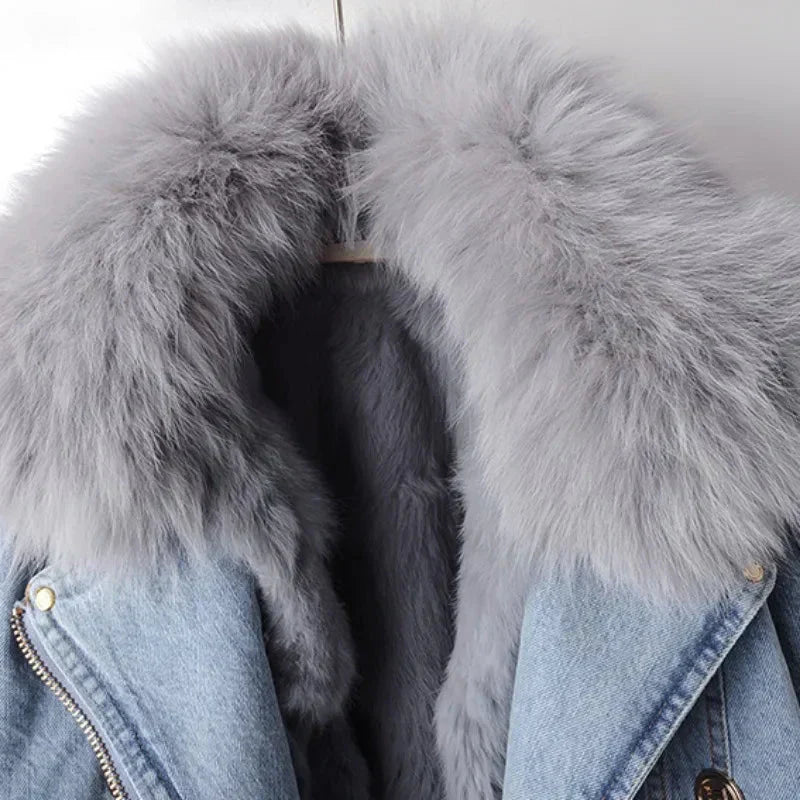 Damen Jeansjacke Kunstpelzkragen warmes Futter strukturierte Passform Reißverschluss