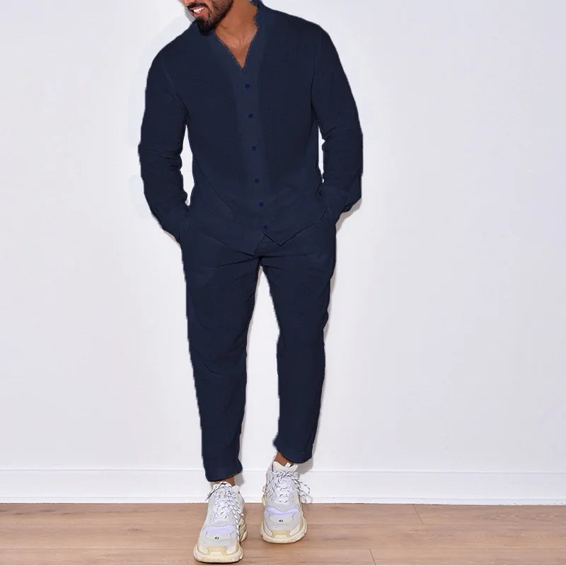 Herren Freizeitanzug Weiß Zweiteiler Langarm Hemd Hose Locker Geschnitten Casual Sommer Outfit