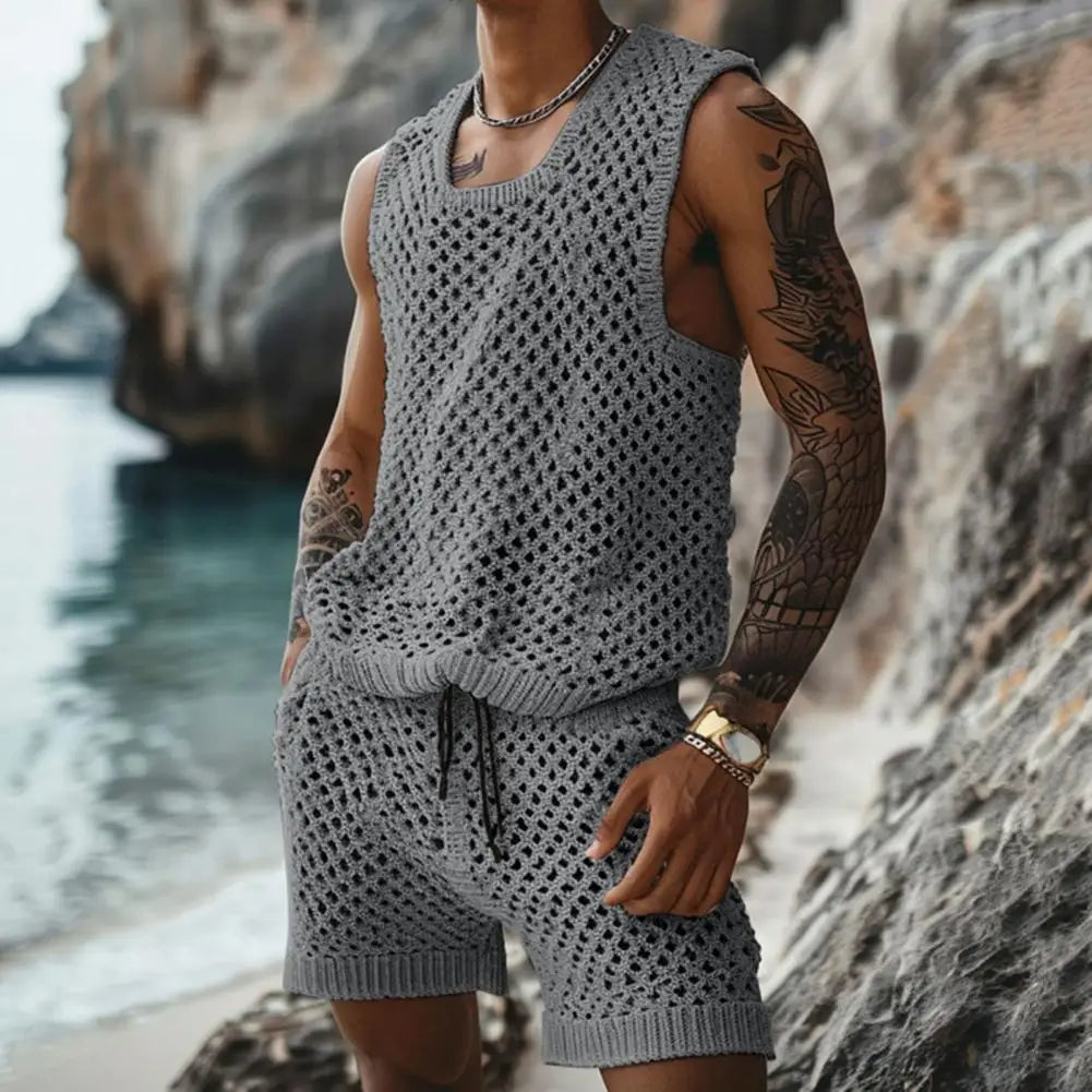 Herren Strick Zweiteiler Creme ärmelloses Tanktop mit Shorts Lochmuster Freizeit Sommer Set