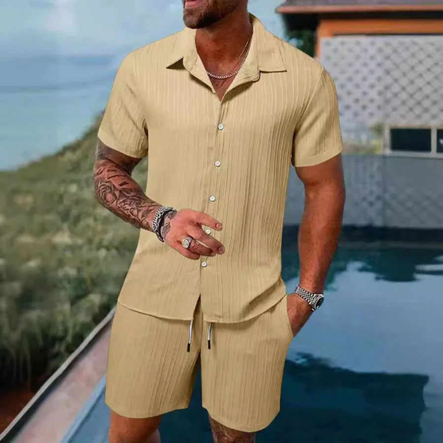 Herren Kurzarm Hemd Set Grün mit Shorts Strukturmuster Freizeit Zweiteiler Sommer Outfit