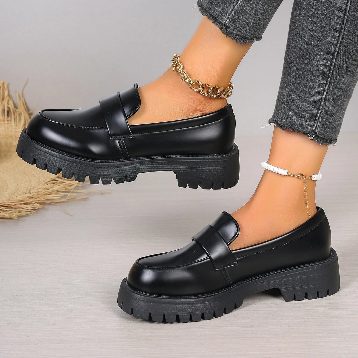 Damen Loafer Plattform Schwarz Plus Size Oxford Schuhe runde Kappe dicker Boden Slip-On