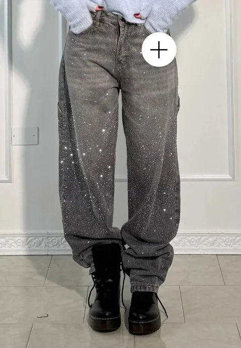 Damen Wide-Leg-Jeans High Waist mit Sternen und Hot-Diamond-Details Modische Casual Jeans