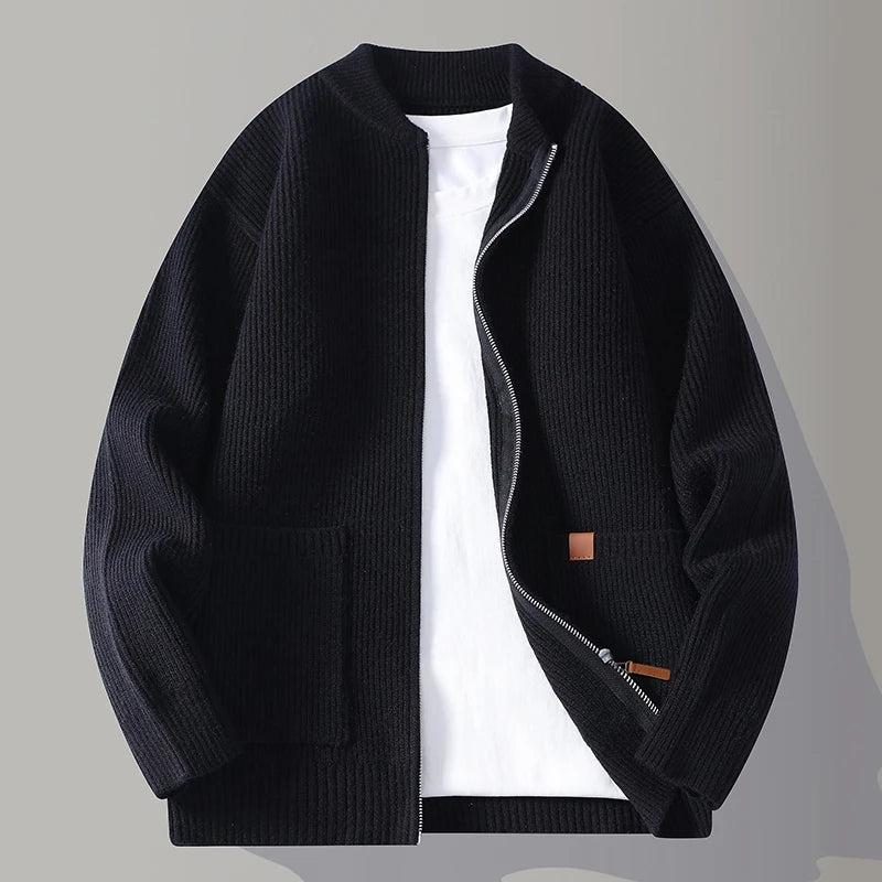 Herren Rippstrick Cardigan Reißverschluss Kragenlos Regular Fit Strickjacke Taschen Alltag Basic
