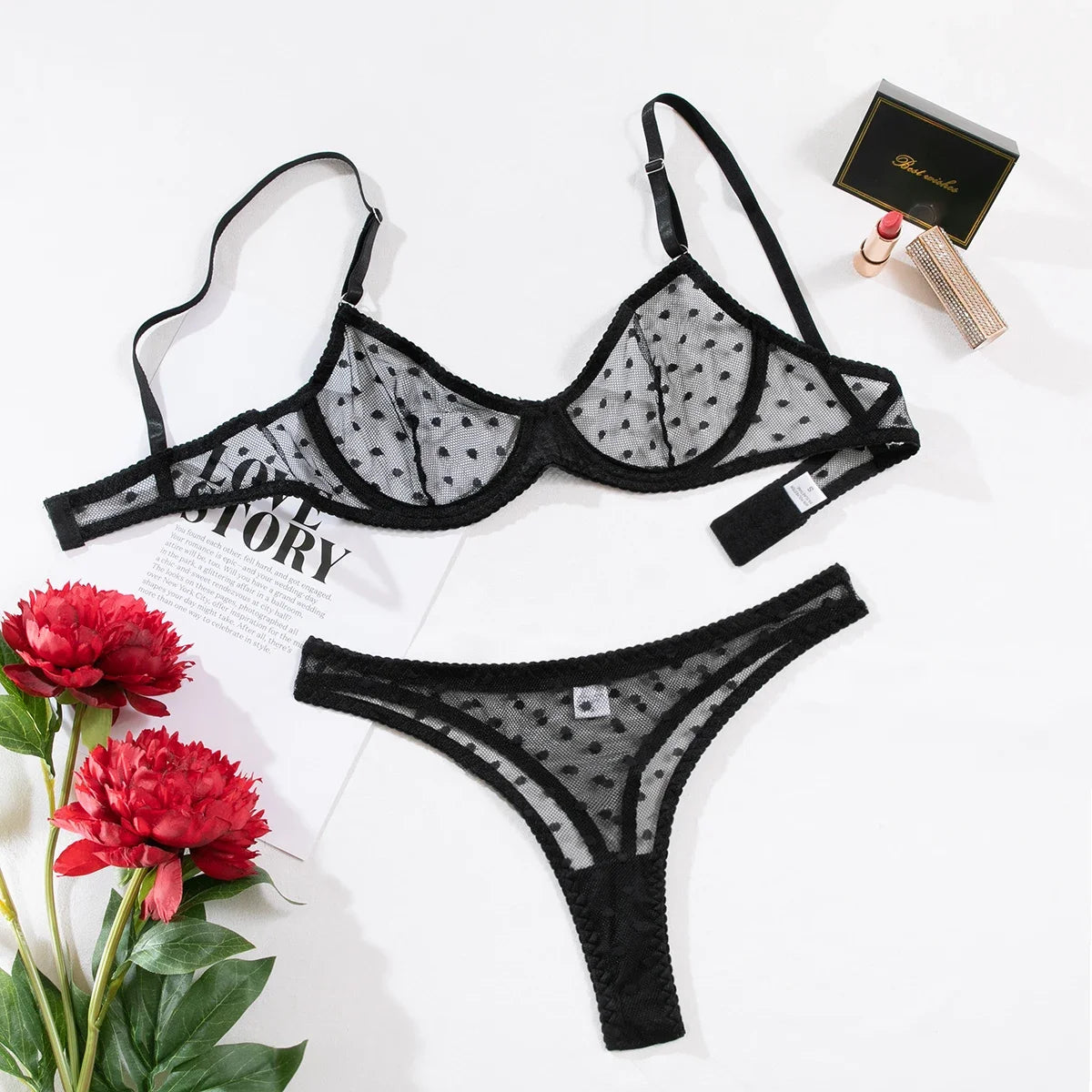 Damen Dessous Set Schwarz Transparenter Mesh BH Slip Gepunktet Verstellbare Träger Zweiteilig