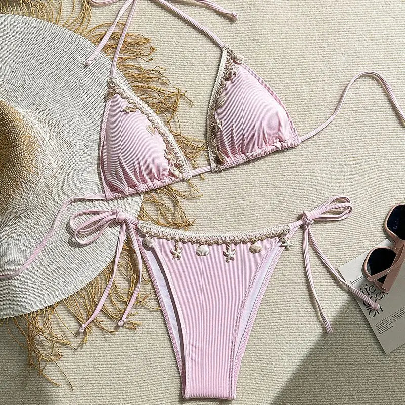 Damen Triangel Bikini Neckholder Muschel Seestern Zweiteilige Strand Bademode