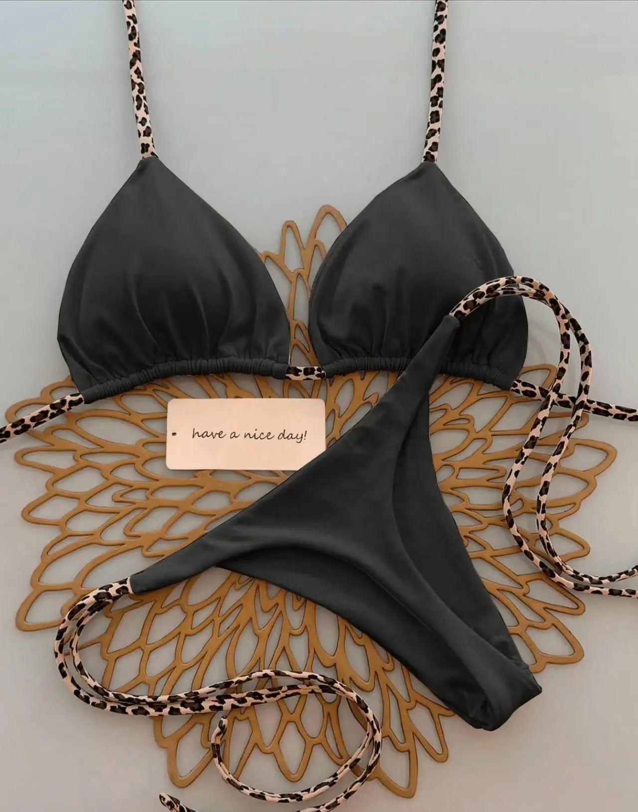 Damen Bikini-Set Leopardenmuster Tanga Bademode Strand Badeanzug