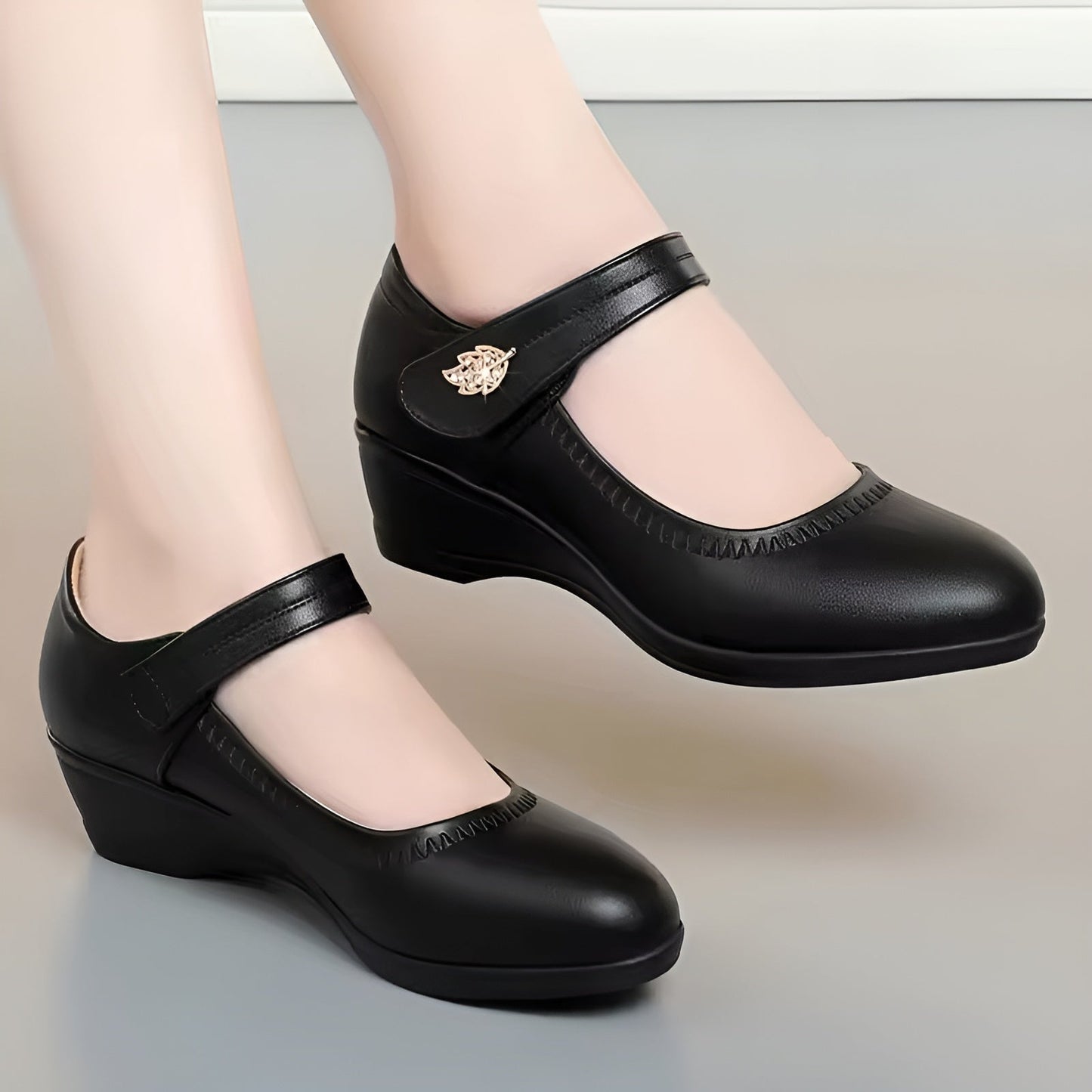 Damen Lederschuhe Keilabsatz Riemenverschluss rutschfest bequem elegant