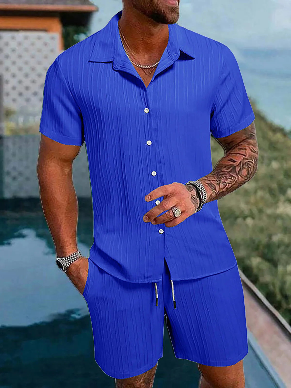 Herren Kurzarm Hemd Set Grün mit Shorts Strukturmuster Freizeit Zweiteiler Sommer Outfit