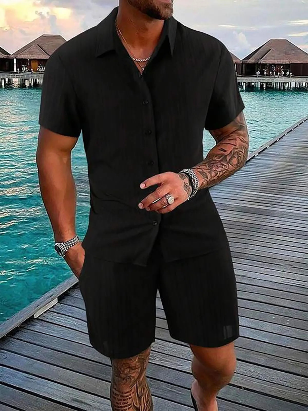 Herren Kurzarm Hemd Set Grün mit Shorts Strukturmuster Freizeit Zweiteiler Sommer Outfit