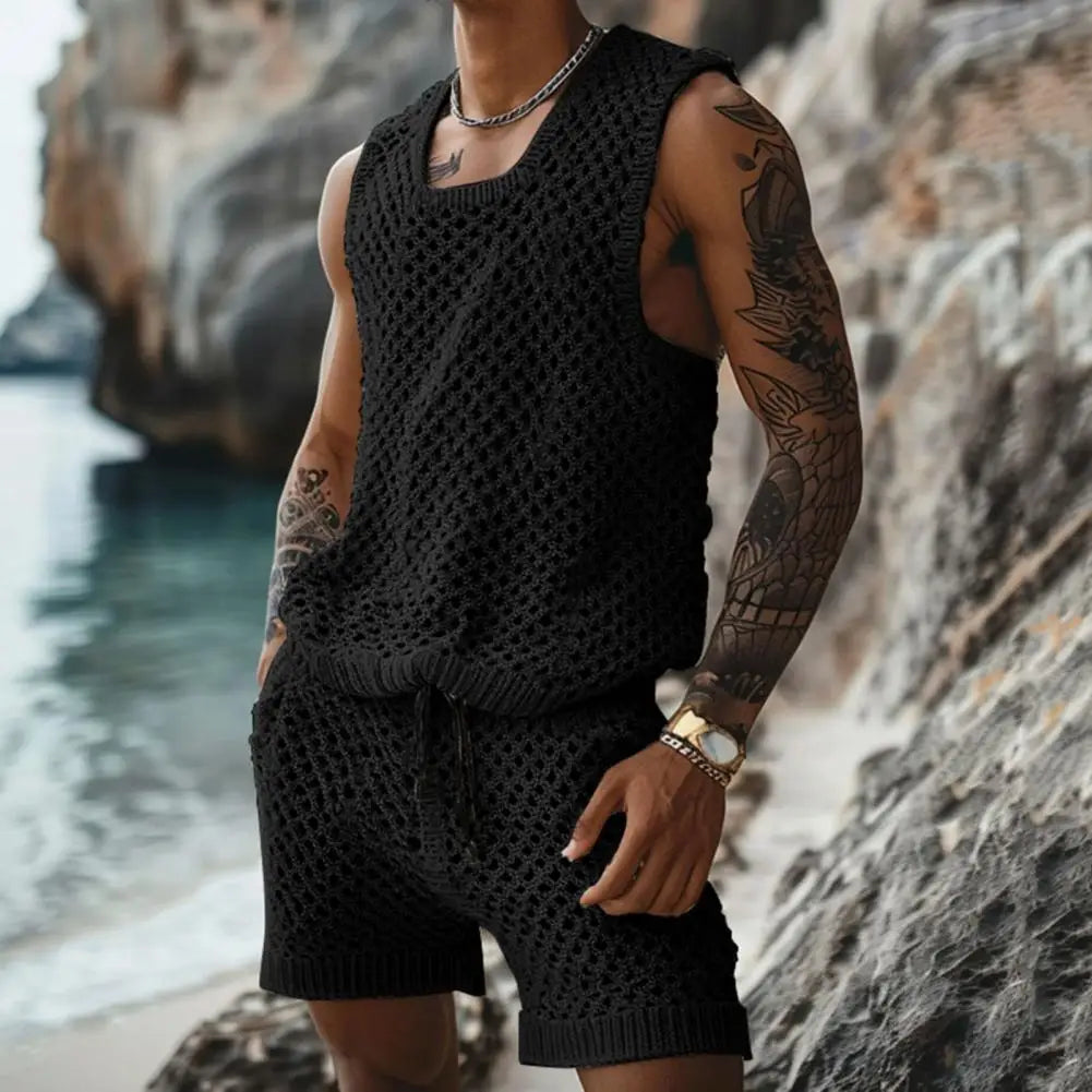 Herren Strick Zweiteiler Creme ärmelloses Tanktop mit Shorts Lochmuster Freizeit Sommer Set