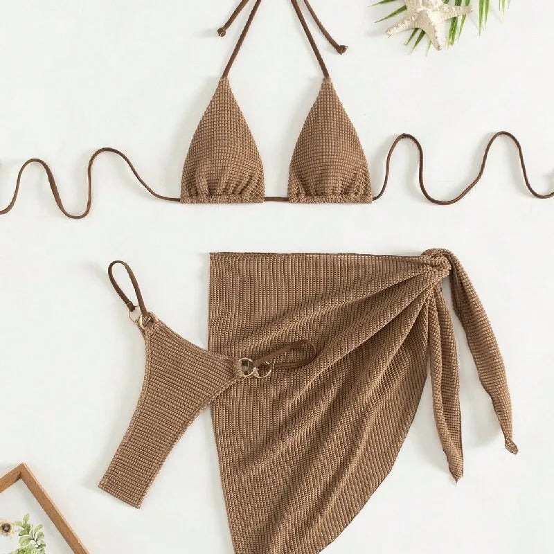 Damen Bikini-Set braun Halter Push-Up 3-teilig Tanga Bademode
