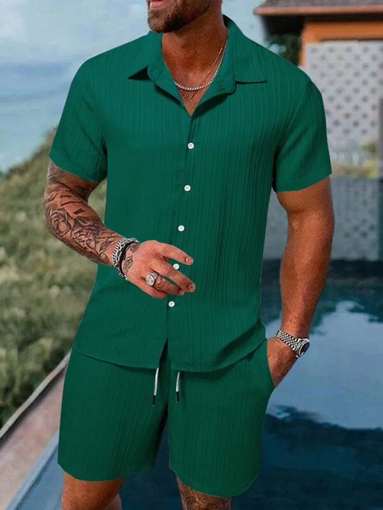 Herren Kurzarm Hemd Set Grün mit Shorts Strukturmuster Freizeit Zweiteiler Sommer Outfit